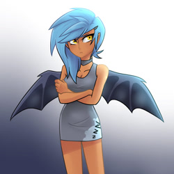 Size: 894x894 | Tagged: safe, artist:kianamai, derpibooru import, oc, oc only, oc:princess nidra, bat pony, human, choker, cleavage, clothes, crossed arms, dress, female, frown, gradient background, humanized, humanized oc, kilalaverse, looking at you, next generation, offspring, parent:oc:supernova, parent:princess luna, parents:canon x oc, solo, spread wings, winged humanization