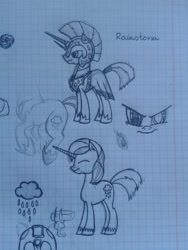 Size: 1536x2048 | Tagged: safe, artist:petunedrop, derpibooru import, oc, oc:rainstorm, pony, unicorn, cutie mark, graph paper, monochrome, royal guard, sketch, traditional art