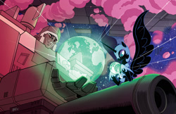 Size: 1950x1262 | Tagged: safe, artist:tonyfleecs, derpibooru import, idw, nightmare moon, crossover, duo, evil grin, hologram, megatron, transformers