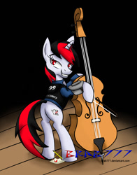 Size: 1100x1400 | Tagged: safe, artist:brab777, derpibooru import, oc, oc only, oc:blackjack, pony, unicorn, fallout equestria, fallout equestria: project horizons, bipedal, cello, clothes, cutie mark, fanfic, fanfic art, female, hooves, horn, looking at you, looking back, looking back at you, mare, musical instrument, pipbuck, plot, smiling, solo, teeth, vault suit