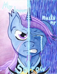 Size: 786x1016 | Tagged: safe, artist:the1king, oc, oc only, oc:azure night, pony, unicorn, armor, crying, duality, guard, solo, two sided posters