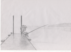 Size: 3510x2550 | Tagged: safe, artist:elgregorpl, derpibooru import, lyra heartstrings, pony, unicorn, fishing, fishing rod, fog, lake, looking away, mist, monochrome, poland, reflection, sitting, sitting lyra, solo, traditional art