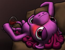 Size: 1934x1466 | Tagged: safe, artist:exedrus, derpibooru import, berry punch, berryshine, alcohol, bedroom eyes, blushing, glass, hoof hold, looking at you, nightmare fuel, on back, open mouth, smiling, sofa, solo, tipsy, wine, wine glass