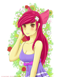 Size: 1800x2400 | Tagged: safe, artist:novaquinmat, apple bloom, human, breasts, cleavage, cutie mark, female, flower, humanized, older, pony coloring, solo, spring