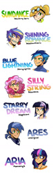 Size: 496x1612 | Tagged: safe, artist:kianamai, derpibooru import, oc, oc only, oc:ares, oc:aria, oc:blue lightning, oc:prince shining romance, oc:silly string, oc:starry dream, oc:sundance, human, goggles, hairband, handkerchief, humanized, humanized oc, necklace, next generation, offspring, parent:applejack, parent:big macintosh, parent:cheese sandwich, parent:flash sentry, parent:pinkie pie, parent:princess cadance, parent:princess luna, parent:rainbow dash, parent:shining armor, parent:soarin', parent:twilight sparkle, parents:cheesepie, parents:flashlight, parents:lunamac, parents:shiningcadance, parents:soarindash, parents:soarinjack, ponytail, rose