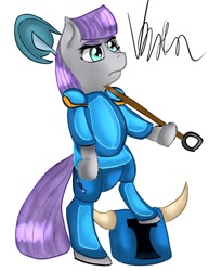 Size: 784x1019 | Tagged: safe, artist:varien, derpibooru import, maud pie, earth pony, pony, armor, bipedal, crossover, shovel, shovel knight, simple background, solo, white background