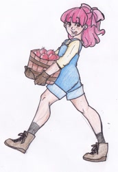 Size: 1033x1503 | Tagged: safe, artist:radsham, derpibooru import, apple bloom, human, apple, basket, carrying, clothes, freckles, gloves, humanized, overalls, solo, traditional art, working