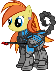 Size: 6000x7601 | Tagged: safe, artist:amino, oc, oc only, oc:graceful sunrise, pegasus, pony, fallout equestria, absurd resolution, armor, augmented tail, earring, powered exoskeleton, simple background, smiling, solo, spear, transparent background, vector