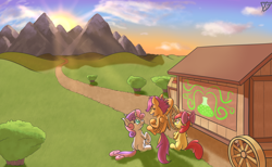 Size: 1300x800 | Tagged: safe, artist:paradigmpizza, derpibooru import, apple bloom, scootaloo, sweetie belle, cover, cutie mark crusaders, fanfic art, sunset, wagon