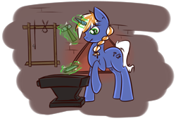 Size: 1305x897 | Tagged: safe, artist:itspencilguy, derpibooru import, oc, oc only, oc:alloy shaper, pony, unicorn, fallout equestria, fallout equestria: wasteland economics, anvil, braid, frown, hammer, magic, metal, raised hoof, solo, telekinesis