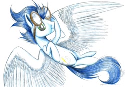 Size: 1024x718 | Tagged: safe, artist:kobra333, derpibooru import, soarin', flying, goggles, solo, spread wings