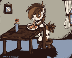 Size: 1000x800 | Tagged: safe, artist:mocha-shortcake, derpibooru import, pipsqueak, pony, bipedal, bipedal leaning, blushing, cute, eating, flower, pipsqueak eating spaghetti, smiling, solo, spaghetti, stool, table