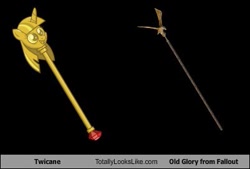 Size: 401x271 | Tagged: safe, derpibooru import, comparison, fallout, fallout: new vegas, lonesome road, old glory, tll, totally looks like, twilight scepter