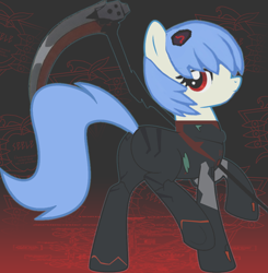 Size: 900x917 | Tagged: safe, artist:shadowmal1, derpibooru import, earth pony, pony, neon genesis evangelion, plugsuit, ponified, rebuild of evangelion, rei ayanami, rei q, scythe, solo