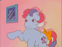Size: 718x540 | Tagged: safe, derpibooru import, screencap, sweet stuff, earth pony, pony, twinkle eyed pony, g1, my little pony 'n friends, sweet stuff and the treasure hunt, animated, cute, dancing, hoof sway, metronome, open mouth, paradise estate, picture, picture frame, raised hoof, smiling, solo, sweet sweet stuff, tail bow