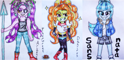 Size: 3020x1458 | Tagged: safe, artist:blazingdazzlingdusk, derpibooru exclusive, adagio dazzle, aria blaze, sonata dusk, equestria girls, rainbow rocks, clothes, comic sans, cosplay, costume, crossover, determination, drawing, eyepatch, food, heterochromia, looking at you, papyrus, papyrus (undertale), pasta, sans (undertale), spaghetti, the dazzlings, traditional art, trio, undertale, undyne, weapon