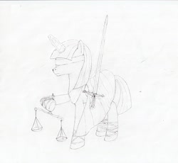 Size: 2755x2537 | Tagged: safe, artist:kepernyos, oc, oc only, alicorn, pony, black and white, blindfold, grayscale, justicia, monochrome, scale, solo, sword, traditional art