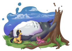 Size: 800x572 | Tagged: safe, artist:nalenthi, derpibooru import, eyes closed, fluffy, mei kusakabe, my neighbor totoro, ponified, prone, satsuki kusakabe, sleeping, studio ghibli, totoro, tree