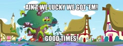 Size: 3652x1370 | Tagged: safe, artist:gatesmccloud, good times, image macro, meme, ponyville