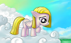 Size: 2000x1200 | Tagged: safe, artist:alexmakovsky, surprise, g1, cloud, cloudy, filly, g1 to g4, generation leap, solo, surprisamena