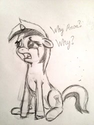 Size: 854x1138 | Tagged: artist needed, safe, derpibooru import, minuette, /mlp/, crying, crying colgate, forced meme, meme, monochrome, solo, traditional art