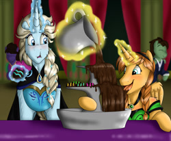 Size: 1683x1388 | Tagged: safe, artist:namygaga, derpibooru import, alicornified, anna, chocolate fountain, elsa, frozen (movie), unshorn fetlocks