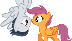 Size: 628x360 | Tagged: safe, artist:dreamcasterpegasus, rumble, scootaloo, pegasus, pony, boop, female, flying, male, nose wrinkle, noseboop, older, rumbloo, shipping, straight, upside down