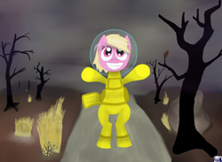 Size: 800x587 | Tagged: safe, artist:restartbob, derpibooru import, oc, oc only, oc:puppysmiles, earth pony, pony, fallout equestria, bipedal, dead tree, fanfic, fanfic art, female, filly, hazmat suit, hooves, looking at you, rock, smiling, solo, teeth, tree, wasteland