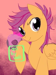 Size: 1024x1365 | Tagged: safe, artist:carranzis, derpibooru import, scootaloo, pegasus, pony, dialogue, female, filly, solo