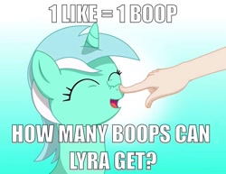 Size: 960x742 | Tagged: safe, artist:j-testman, derpibooru import, lyra heartstrings, human, pony, boop, bronybait, clickbait, cute, eyes closed, hand, happy, image macro, impact font, lyrabetes, meme, nose wrinkle, open mouth, reaction image, smiling, upvote bait