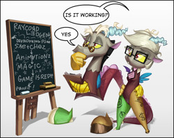 Size: 800x636 | Tagged: safe, artist:az-pekt, derpibooru import, discord, eris, anthro, chalk, chalkboard, clipboard, crossover, glasses, lego, necktie, raycord legends, rayman, rule 63, self ponidox, the lego movie, thinking, unikitty