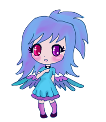 Size: 322x370 | Tagged: safe, artist:moekonya, derpibooru import, oc, oc only, oc:shiny dawn, human, :o, blushing, choker, clothes, colored wings, dress, female, gradient wings, humanized, simple background, solo, spread wings, winged humanization