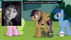 Size: 1440x812 | Tagged: safe, screencap, stellar eclipse, trade ya, disabled, guest voice, handicapped, hub logo, spinal muscle atrophy, sylvain lavasseur portelance, voice actor