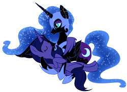 Size: 3934x2850 | Tagged: safe, artist:strychninehellfriend, derpibooru import, nightmare moon, oc, oc:rhia, alicorn, pony, alicorn oc, canon x oc, commission, cuddling, eyes closed, hug, nicemare moon, on back, prone, simple background, sleeping, smiling, snuggling, transparent background, vector, winghug