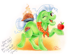 Size: 900x669 | Tagged: safe, artist:creepynurse, artist:macgreen, derpibooru import, granny smith, apple, autograph, pie, solo, tabitha st. germain, traditional art