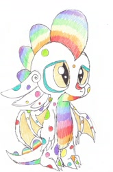 Size: 1791x2706 | Tagged: safe, artist:mylittlepeasant, derpibooru import, oc, oc only, oc:speckles spectrum, dragon, baby dragon, donut steel, solo, traditional art