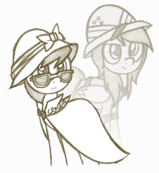 Size: 1170x1278 | Tagged: safe, artist:boulderthedragon, derpibooru import, a.k. yearling, daring do, daring don't, glasses, monochrome, traditional art