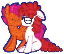 Size: 1247x1051 | Tagged: safe, artist:krazykari, artist:mcsadat, derpibooru import, scootaloo, twist, colored, eyes closed, female, kissing, lesbian, scootatwist, shipping, twistaloo