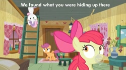 Size: 1280x719 | Tagged: safe, derpibooru import, screencap, apple bloom, scootaloo, sweetie belle, cutie mark crusaders, image macro, inside, meme, secret, treehouse