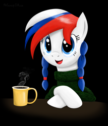 Size: 3000x3500 | Tagged: safe, artist:mrscroup, oc, oc only, oc:marussia, braid, bust, clothes, coffee, cup, cute, food, nation ponies, pigtails, portrait, russia, solo, sweater