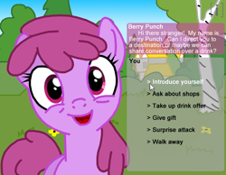 Size: 900x700 | Tagged: safe, artist:sie, berry punch, berryshine, development, dialogue, game, gameplay, sneezing in equestria, solo