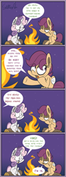 Size: 600x1608 | Tagged: safe, artist:slitherpon, derpibooru import, apple bloom, scootaloo, sweetie belle, alternate universe, bandage, campfire, comic, cutie mark crusaders, moody mark crusaders, stitches, sweetie fail, sweetiedumb