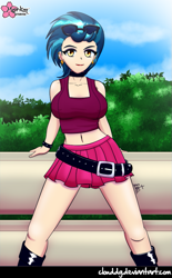 Size: 559x900 | Tagged: safe, artist:clouddg, indigo zap, equestria girls, friendship games, belly button, belt, breasts, busty indigo zap, clothes, female, human coloration, looking at you, midriff, signature, skirt, solo, sunglasses