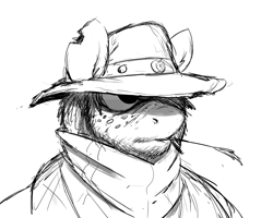 Size: 1280x1024 | Tagged: safe, artist:gordonfreeguy, derpibooru import, big macintosh, anthro, clothes, cowboy, facial hair, grizzled, hat, monochrome, poncho, sketch, solo