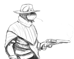 Size: 1280x1024 | Tagged: safe, artist:gordonfreeguy, derpibooru import, big macintosh, anthro, clothes, cowboy, facial hair, grizzled, gun, hat, monochrome, poncho, revolver, sketch, solo