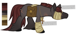 Size: 1024x469 | Tagged: safe, artist:ivyhaze, oc, oc only, pony, amputee, bandage, blind, cross, male, necklace, saddle bag, scar, solo, stallion, stump, unshorn fetlocks