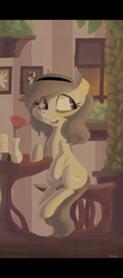 Size: 619x1400 | Tagged: dead source, safe, artist:berrydrops, derpibooru import, oc, oc only, oc:pocket, earth pony, pony, female, flower, mare, pie, sitting, solo, table