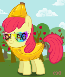 Size: 529x623 | Tagged: safe, artist:mcponyponypony, derpibooru import, apple bloom, banana, banana suit, bananabloom, request, requested art, shutter shades, solo, sunglasses, swag, sweet apple acres