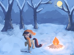 Size: 1600x1200 | Tagged: dead source, safe, artist:berrydrops, derpibooru import, oc, oc only, oc:pocket, earth pony, pony, campfire, cap, female, floppy ears, mare, scarf, snow, solo, tree branch, winter