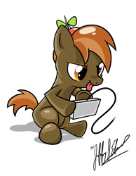 Size: 700x900 | Tagged: safe, artist:turkthewolf, derpibooru import, button mash, earth pony, pony, :p, blank flank, colt, concentrating, controller, foal, hat, hooves, male, propeller hat, signature, simple background, sitting, solo, tongue out, white background